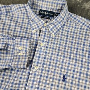 Ralph Lauren Shirt Men's XL 17  Blue White Gingham Plaid Classic Fit Long Sleeve